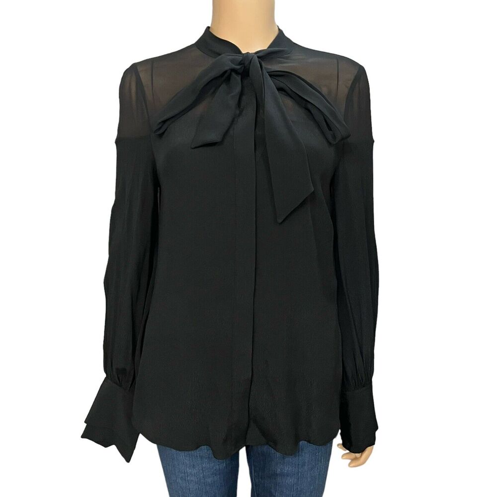 Reiss Arina Tied Neck Blouse Semi Sheer Classic Preppy Loose